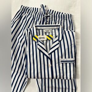 Sleepy Jones Marina Pajama Set, White and Blue Sateen Stripe